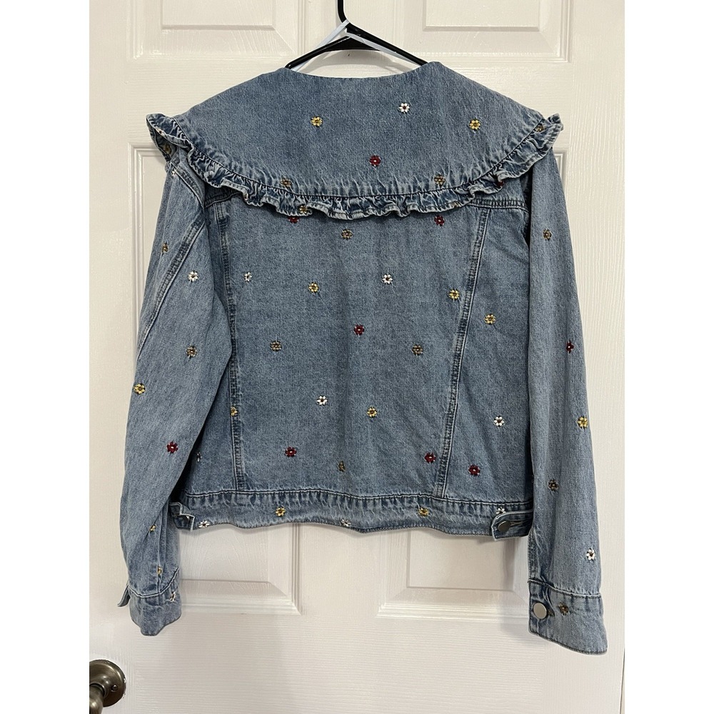 Cottagecore Denim Jacket Floral Embroidered Peter Pan Collar Coquette Fairycore - Picture 5 of 16